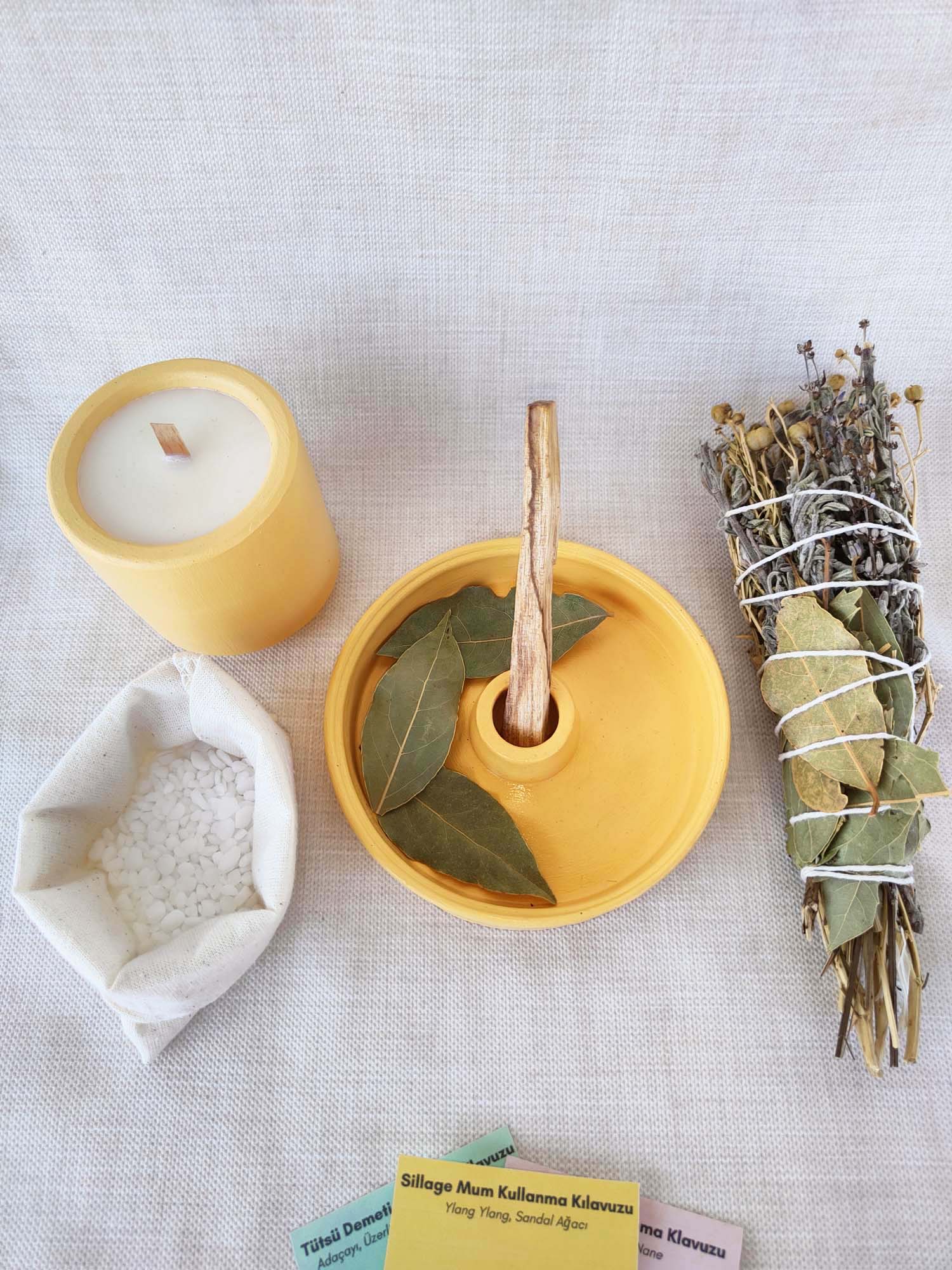 Arınma Tütsülük Set Vegan Ylang Ylang Sandal Kokulu Soya Mumu Palo Santo Adaçayı Lavanta Tütsü Seti