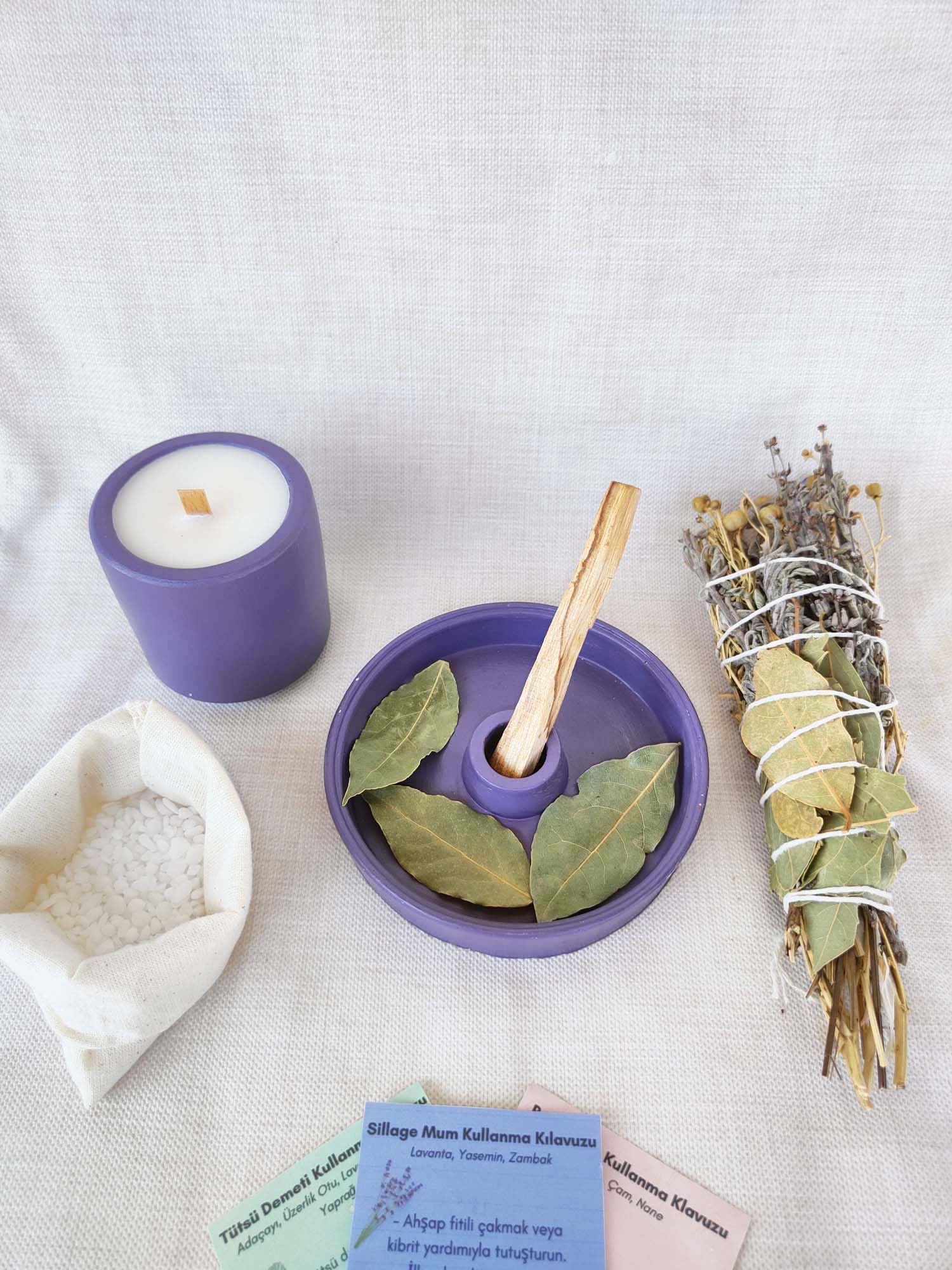 Arınma Tütsülük Set Vegan Lavanta Yasemin Kokulu Soya Mumu Palo Santo Adaçayı Lavanta Tütsü Set