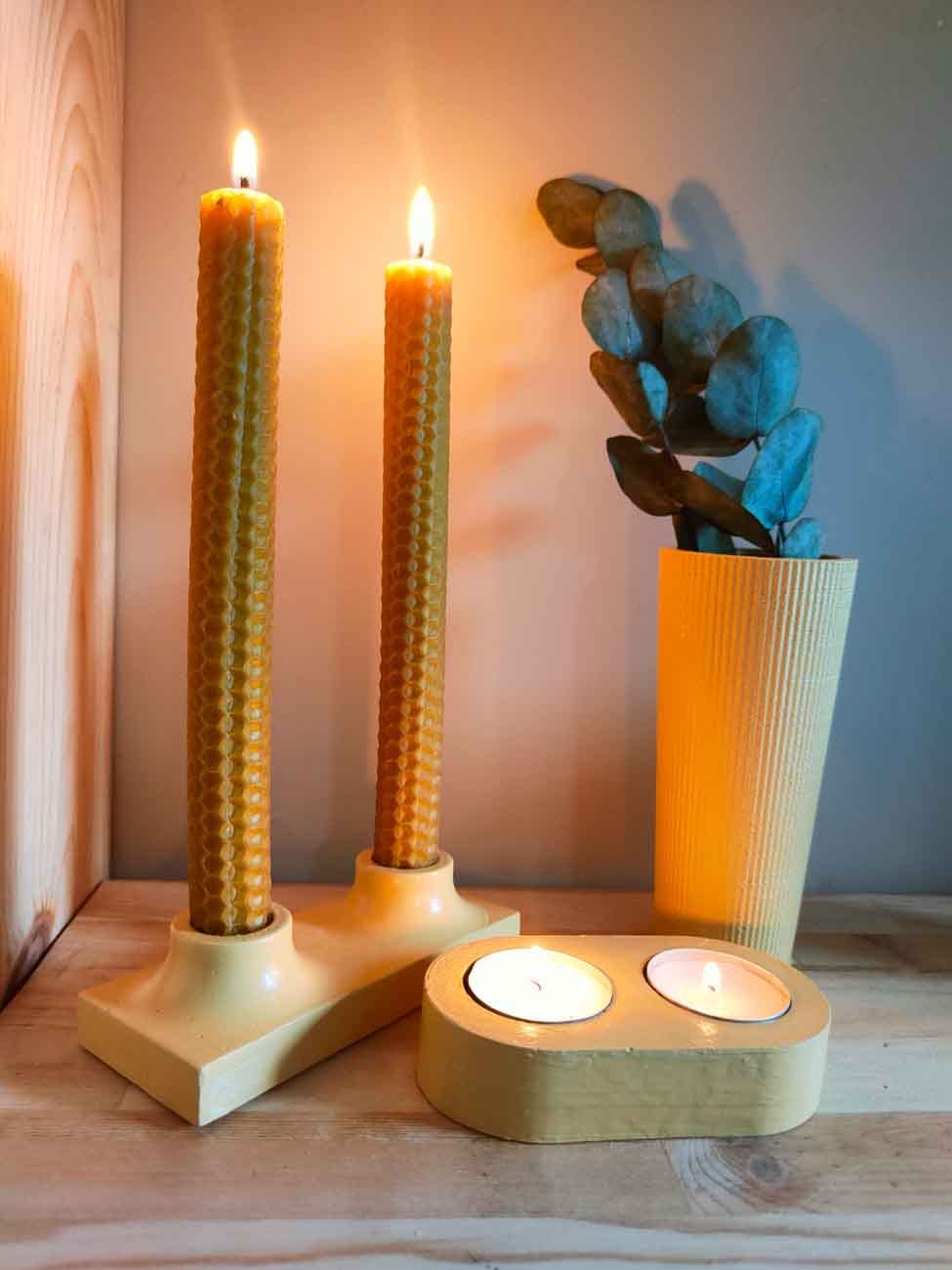 Dekoratif Açık Sarı Hardal Obje Vazo Tealight Mumluk Şamdanlık Bal mumu Beton Ev Dekorasyon Seti Hediye Seti